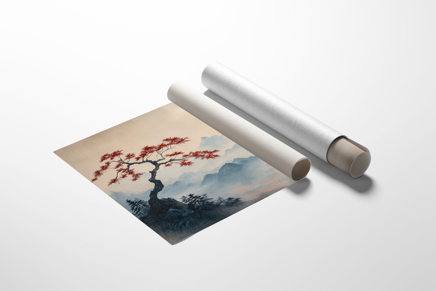 Japanese Red Sun and Bonsai Mountain Wall Art Print