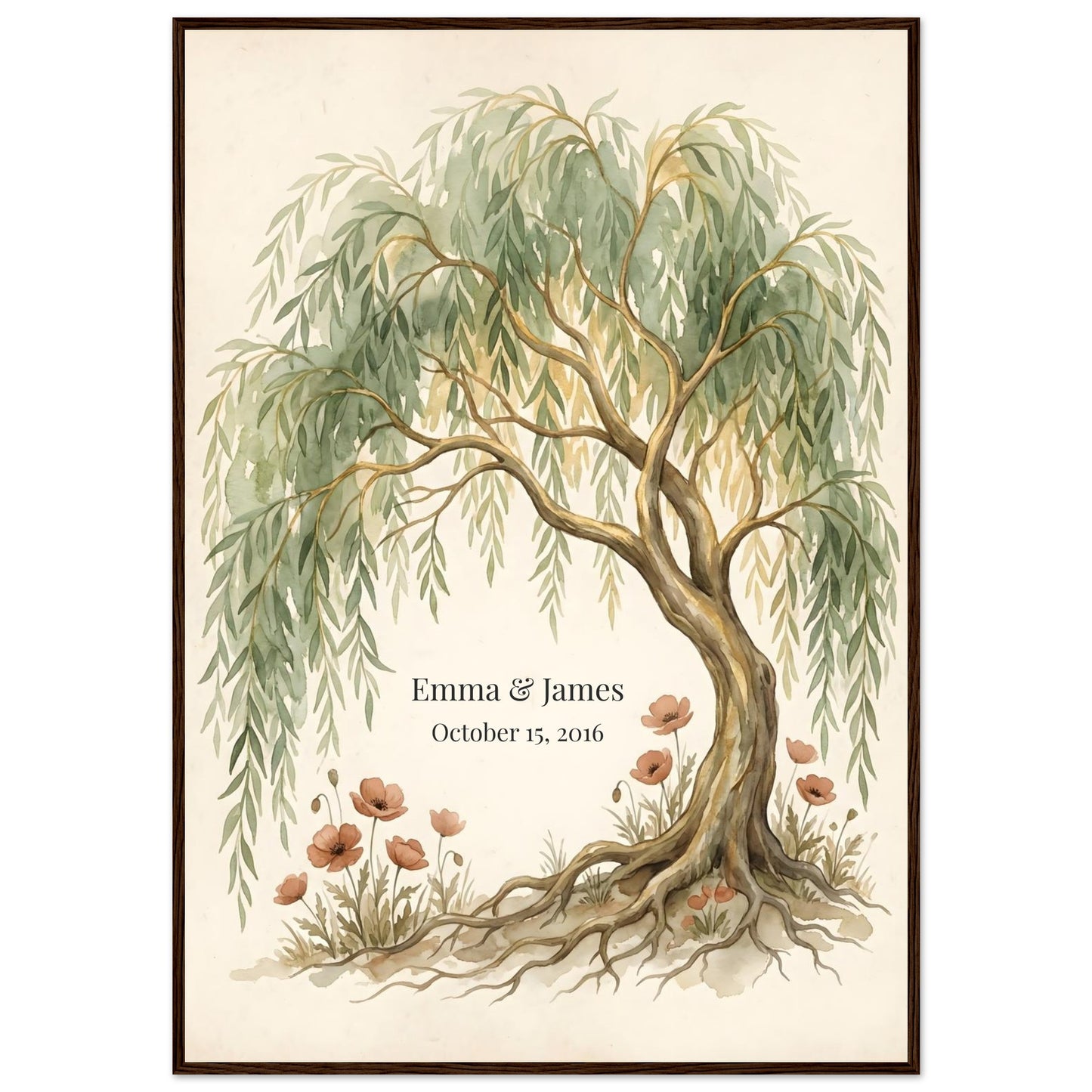 Personalized Willow Tree 9th Anniversary Wall Art - 70x100 cm / 28x40″ - Dark wood frame / Ready-to-hang - Sparkycare