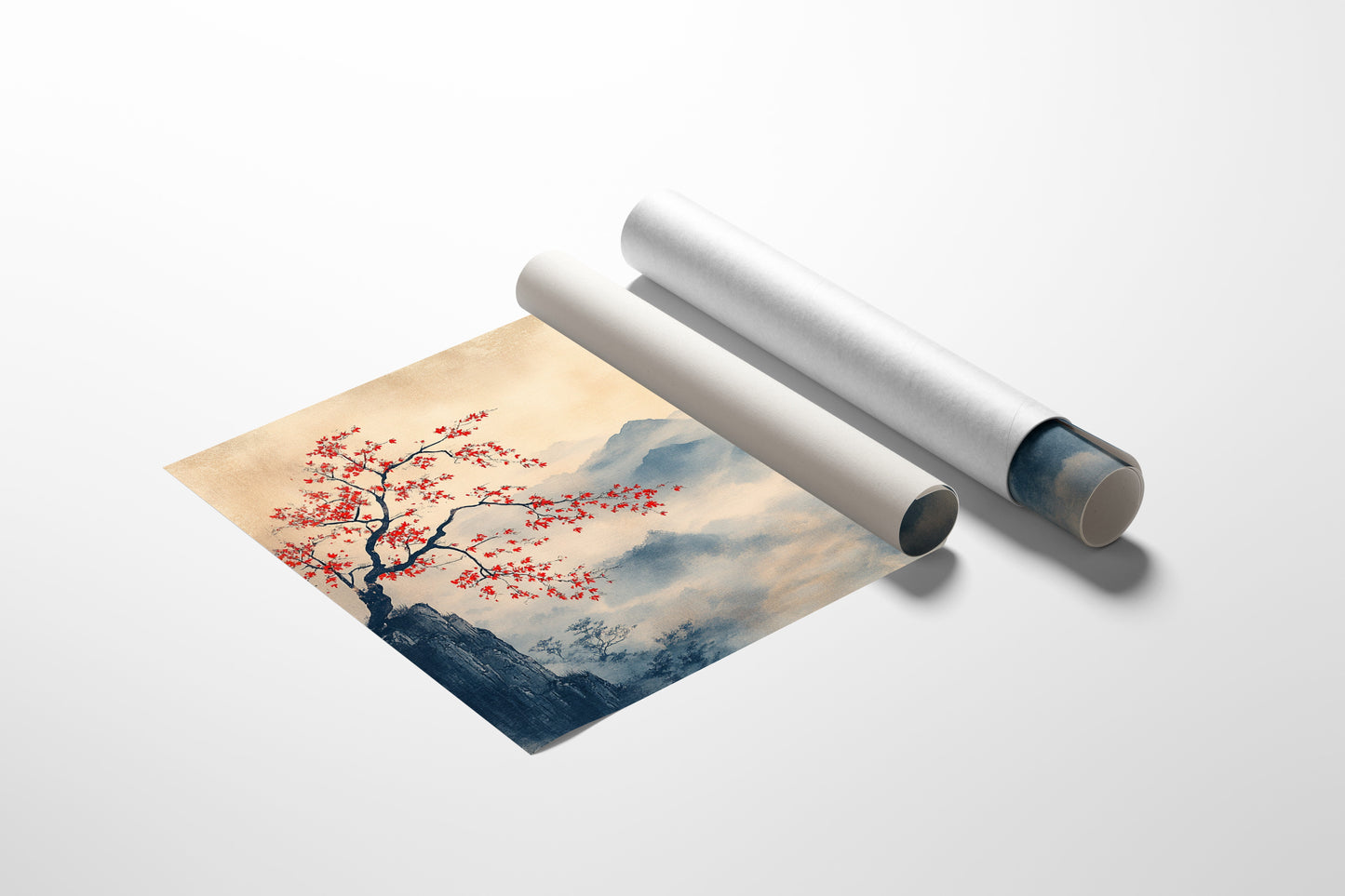 Japanese Red Sun and Misty Mountain Wall Art Print