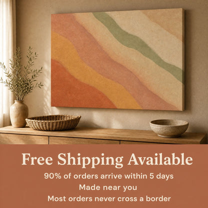 Canvas above a console table with text: Free Shipping Available, most orders arrive within 5 days
