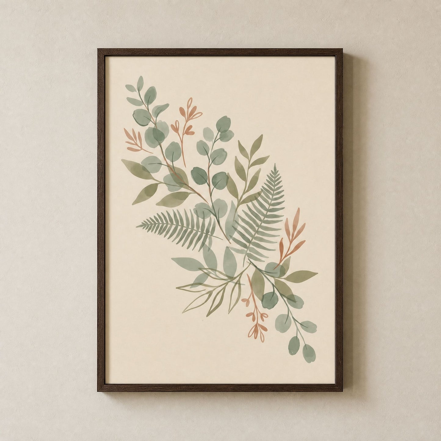 Sage green eucalyptus and fern print in a dark wood frame on a pale grey wall