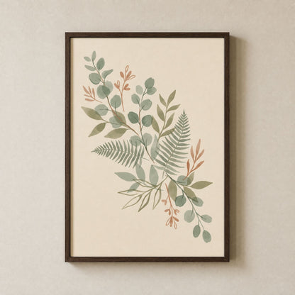 Sage green eucalyptus and fern print in a dark wood frame on a pale grey wall
