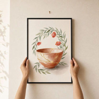 Hands lifting the framed kintsugi print onto a picture hook, arriving ready to hang with no framing needed