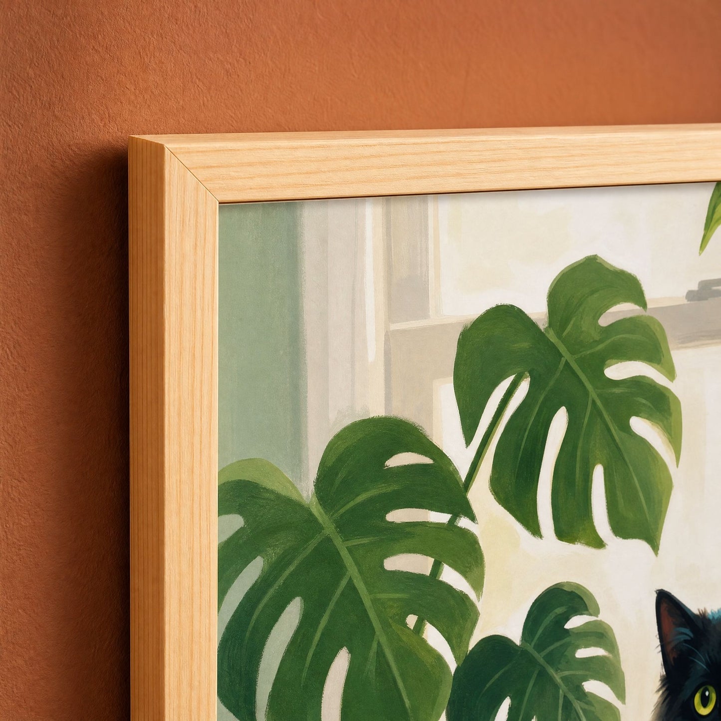 Close-up of the light wood frame corner and clear glazing over the printed monstera artwork