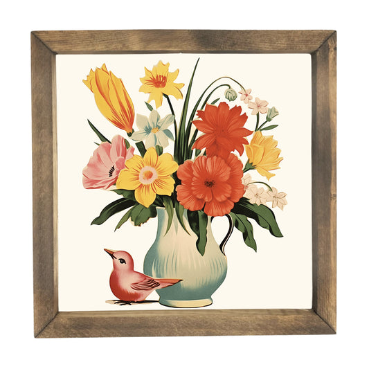 Floral vase with bird framed wall art