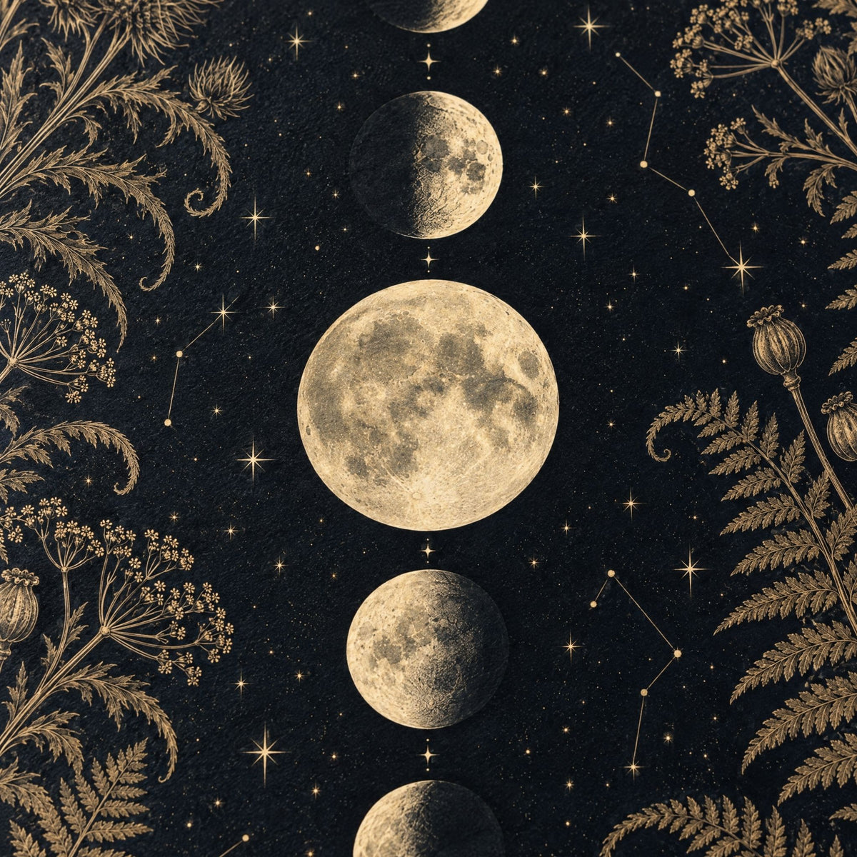 Close-up of the moon phase art print: the full moon and gibbous moons in antique gold on matte paper