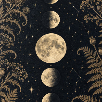 Close-up of the moon phase art print: the full moon and gibbous moons in antique gold on matte paper
