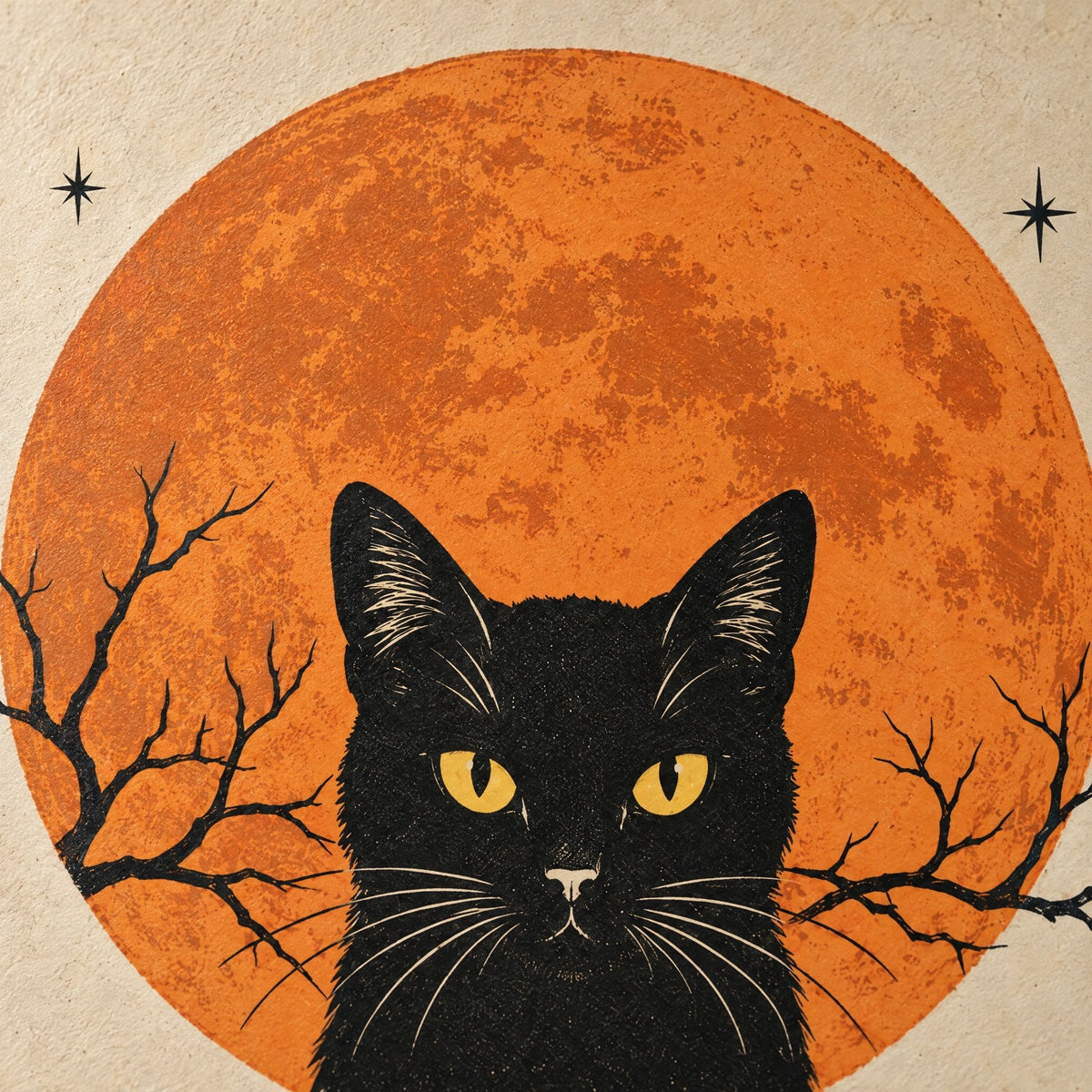 Close-up of the black cat and full moon art print showing the matte paper grain and vintage colours