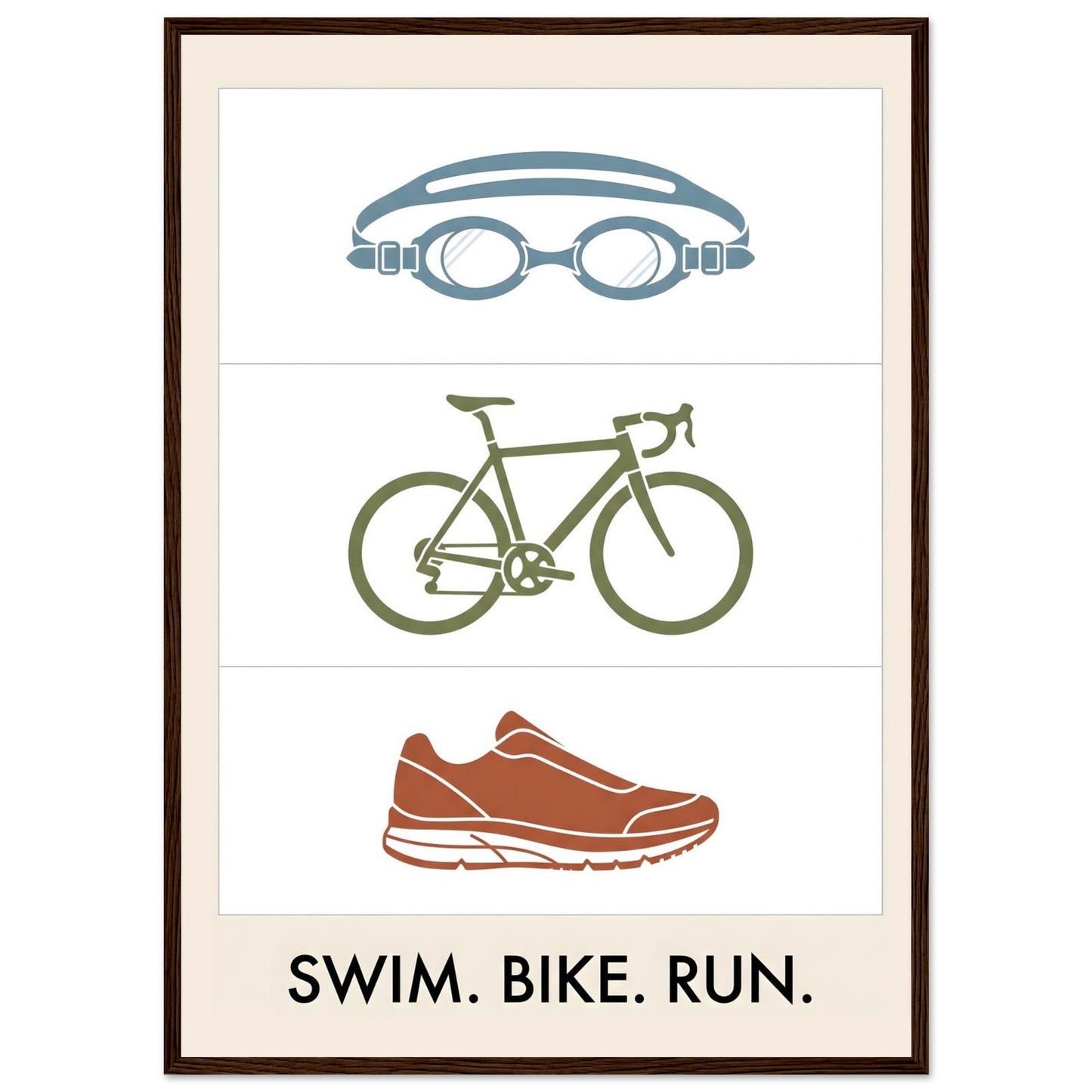 Swim Bike Run Poster: Minimalist Triathlon Icons Wall Art - 50x70 cm / 20x28″ - Dark wood frame / Ready-to-hang - Sparkycare