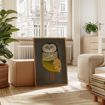 Stylized Owl Wall Art - Golden Feather Bird Print