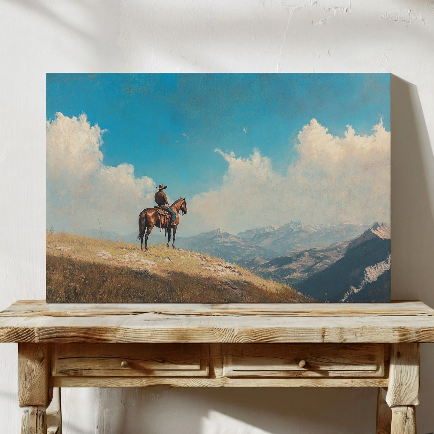Lone Cowboy on Horseback Western Mountain Print