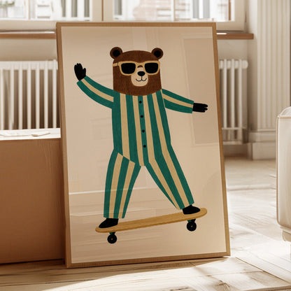 Cool bear on a skateboard retro kids wall art print in striped pajamas and shades