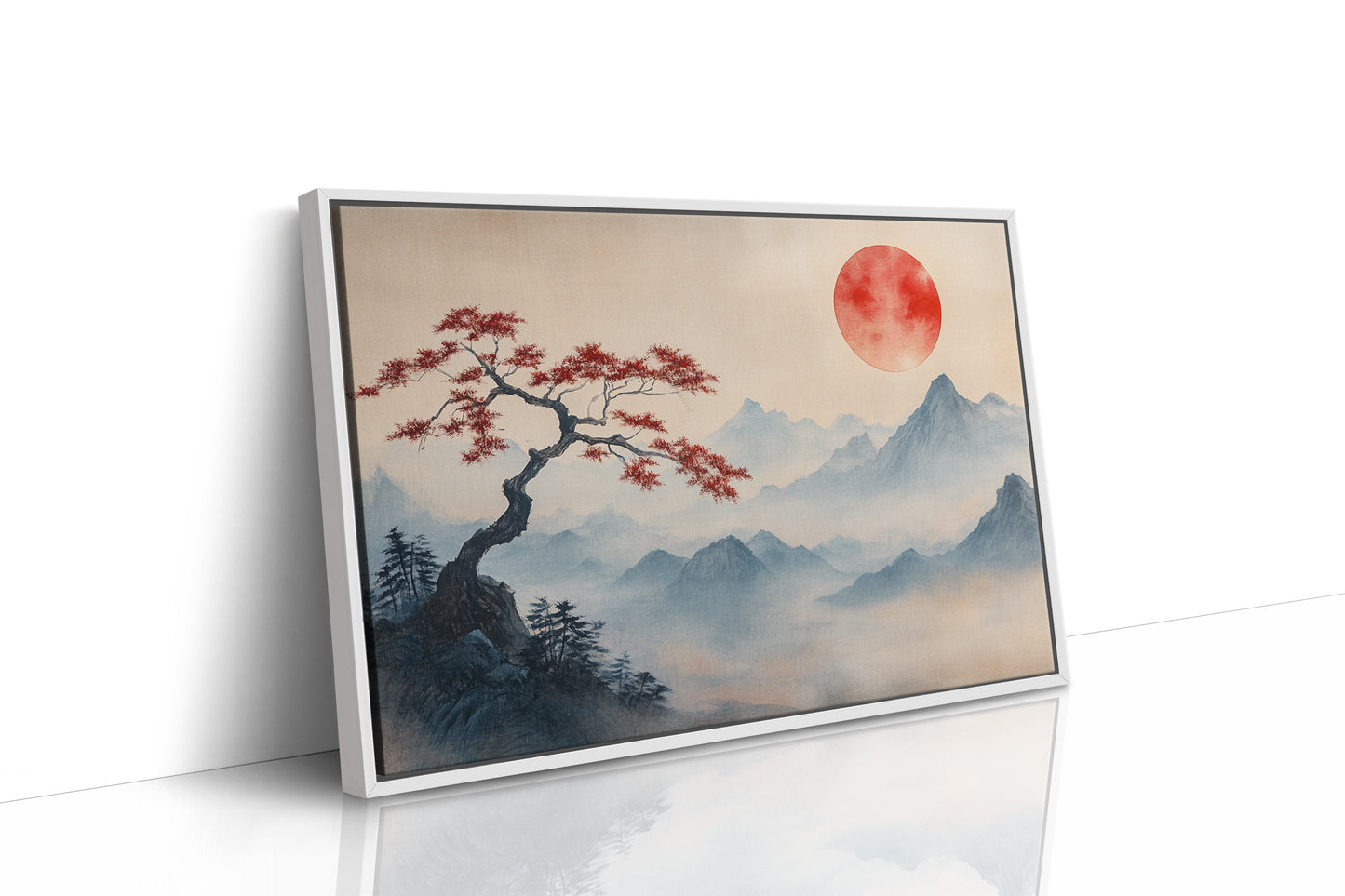 Japanese Red Sun and Bonsai Mountain Wall Art Print