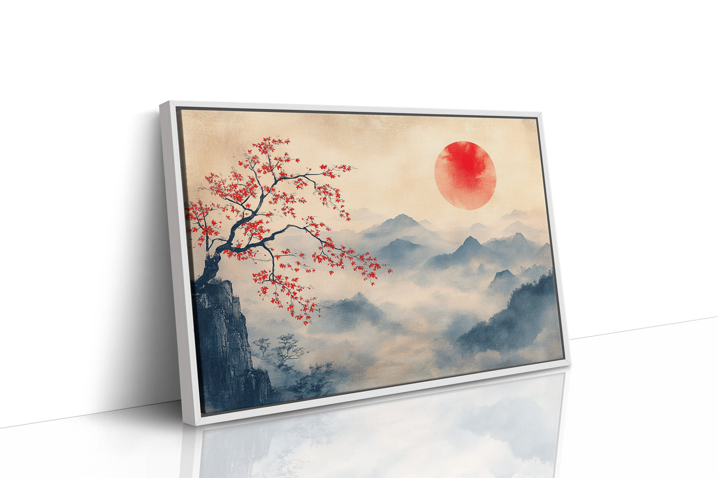 Japanese Red Sun and Misty Mountain Wall Art Print