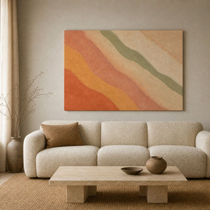 Earth tone abstract canvas on a pale wall beside dried branches in a quiet corner