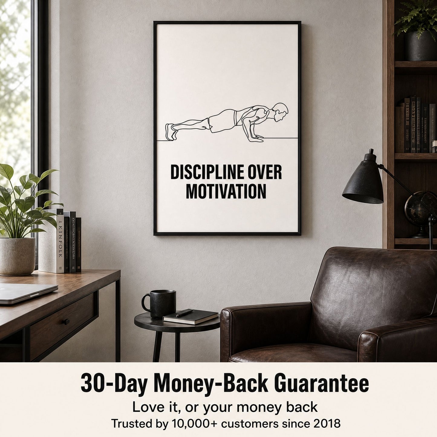 Framed print above a leather armchair and side table, with an overlaid information panel about returns