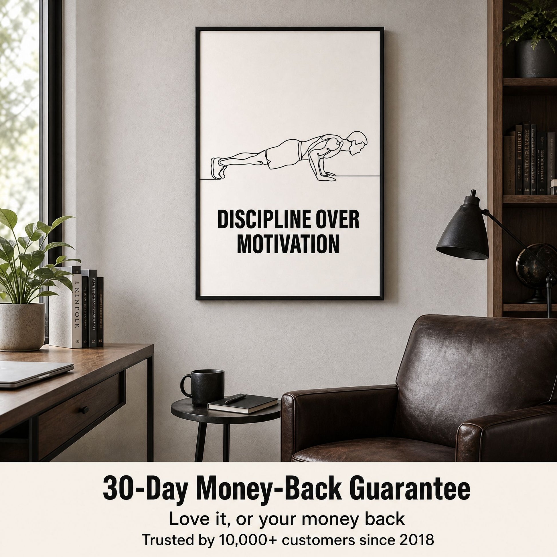 Framed print above a leather armchair and side table, with an overlaid information panel about returns