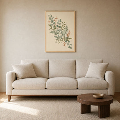 Framed sage green botanical print hung at true scale above a three-seater sofa