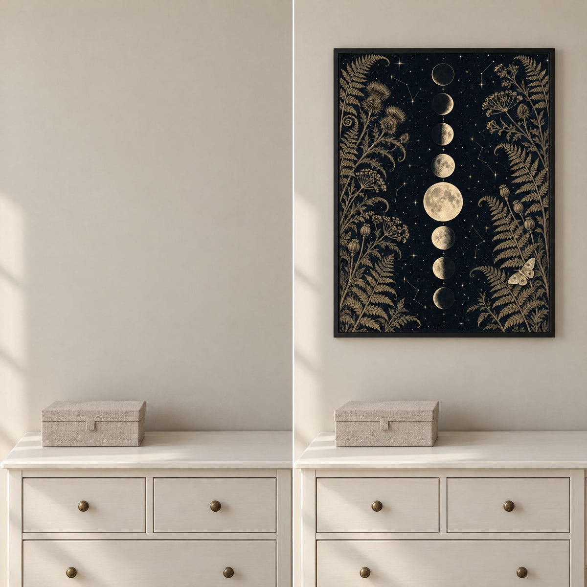 Before and after: a bare bedroom wall, then the same wall with the framed gothic moon phase print