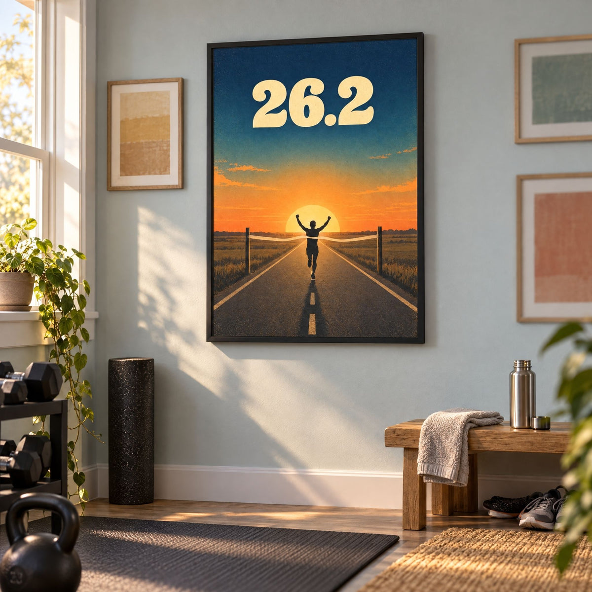 The framed marathon finish line print anchoring a small gallery wall in a sunlit room