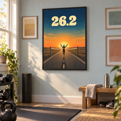 The framed marathon finish line print anchoring a small gallery wall in a sunlit room