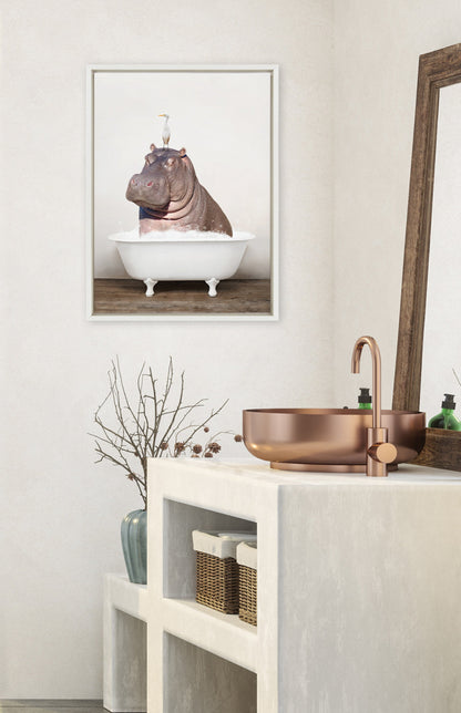 Hippo and Bird in Rustic Bath Framed Canvas Art