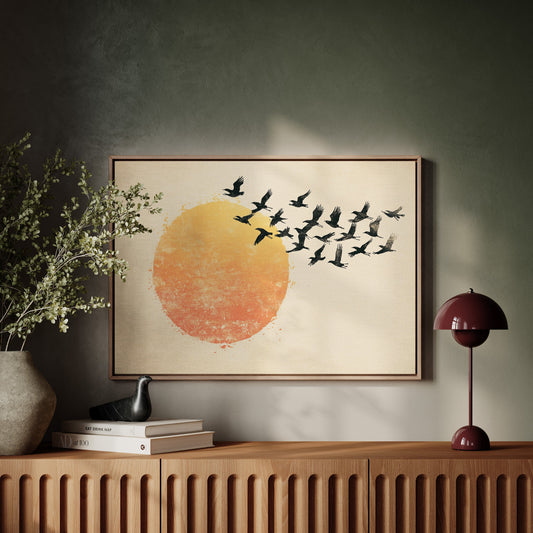 Japanese Birds and Sun Wall Art - Vintage Ink Print