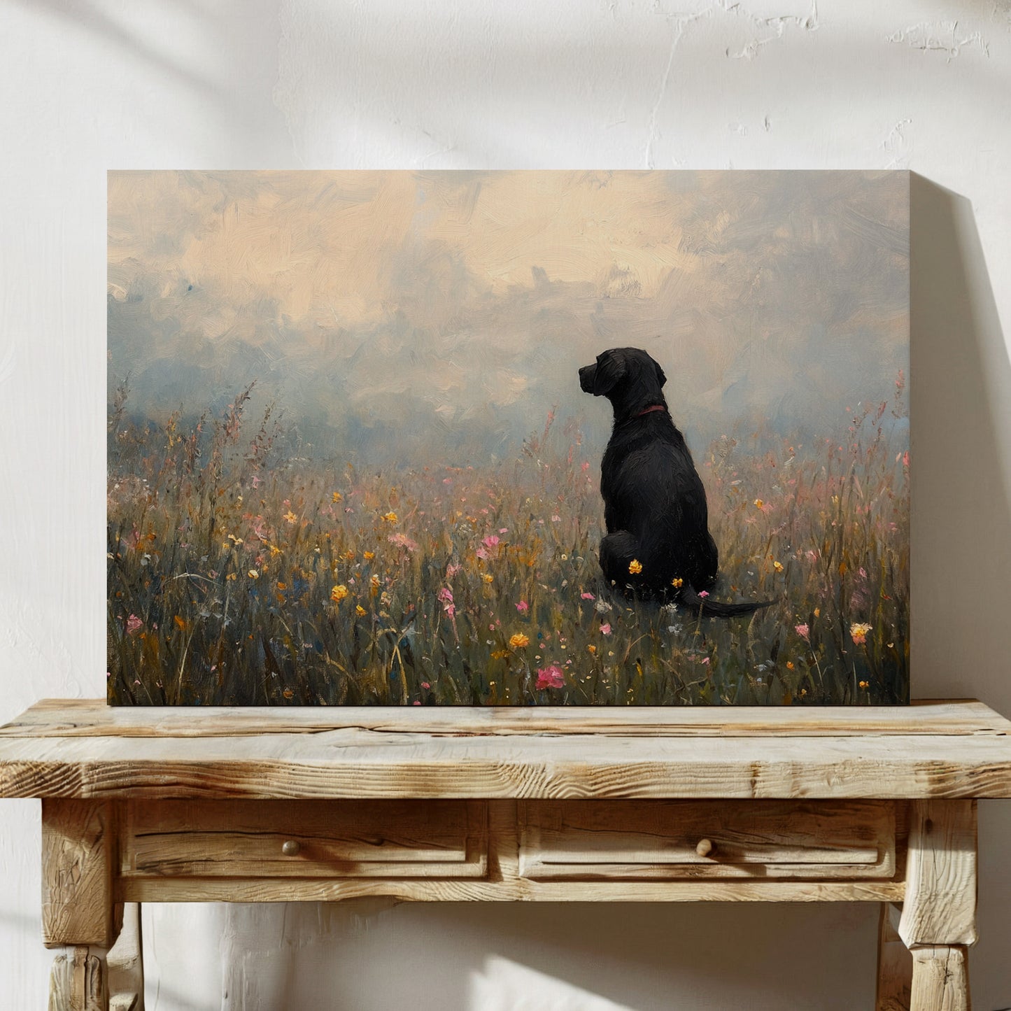 Black Lab in Wildflowers Rustic Dog Art Print