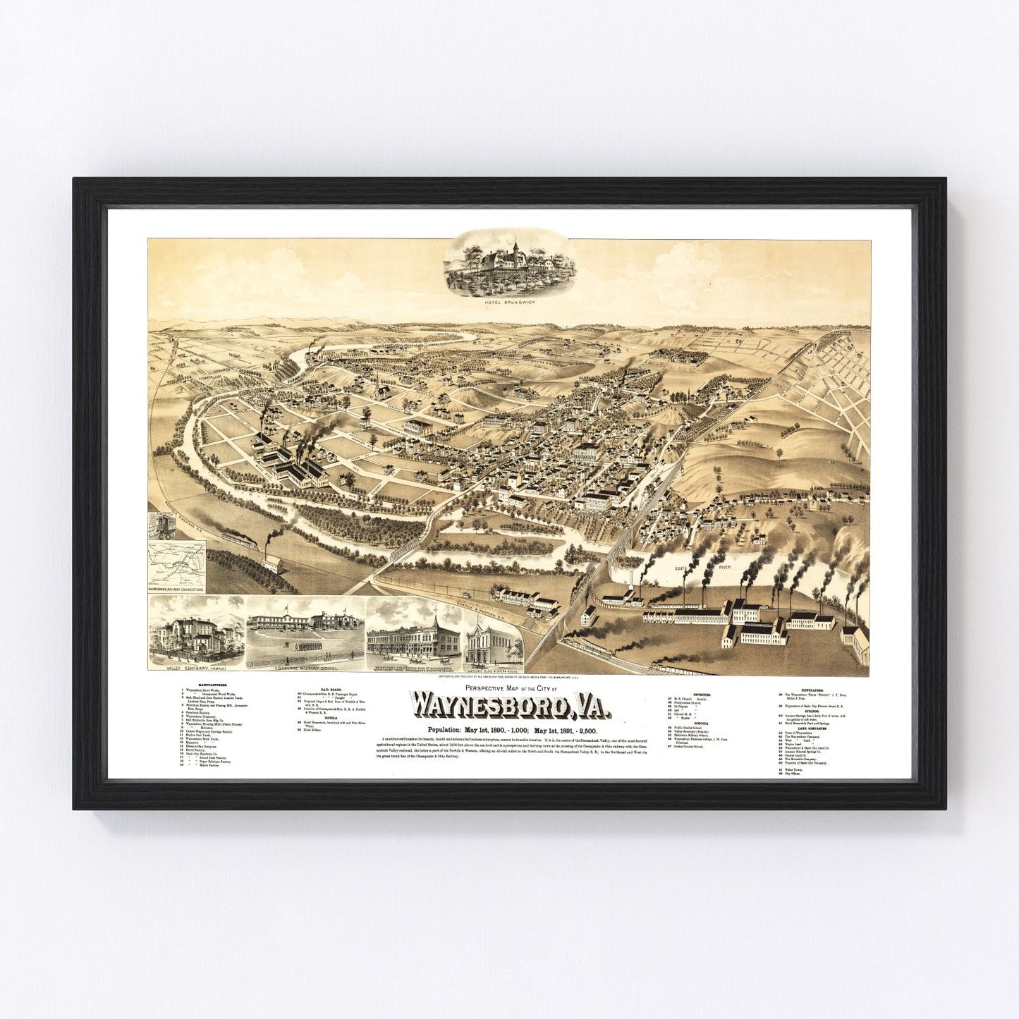Vintage map of Waynesboro, Virginia 1891, Augusta County Shenandoah Valley