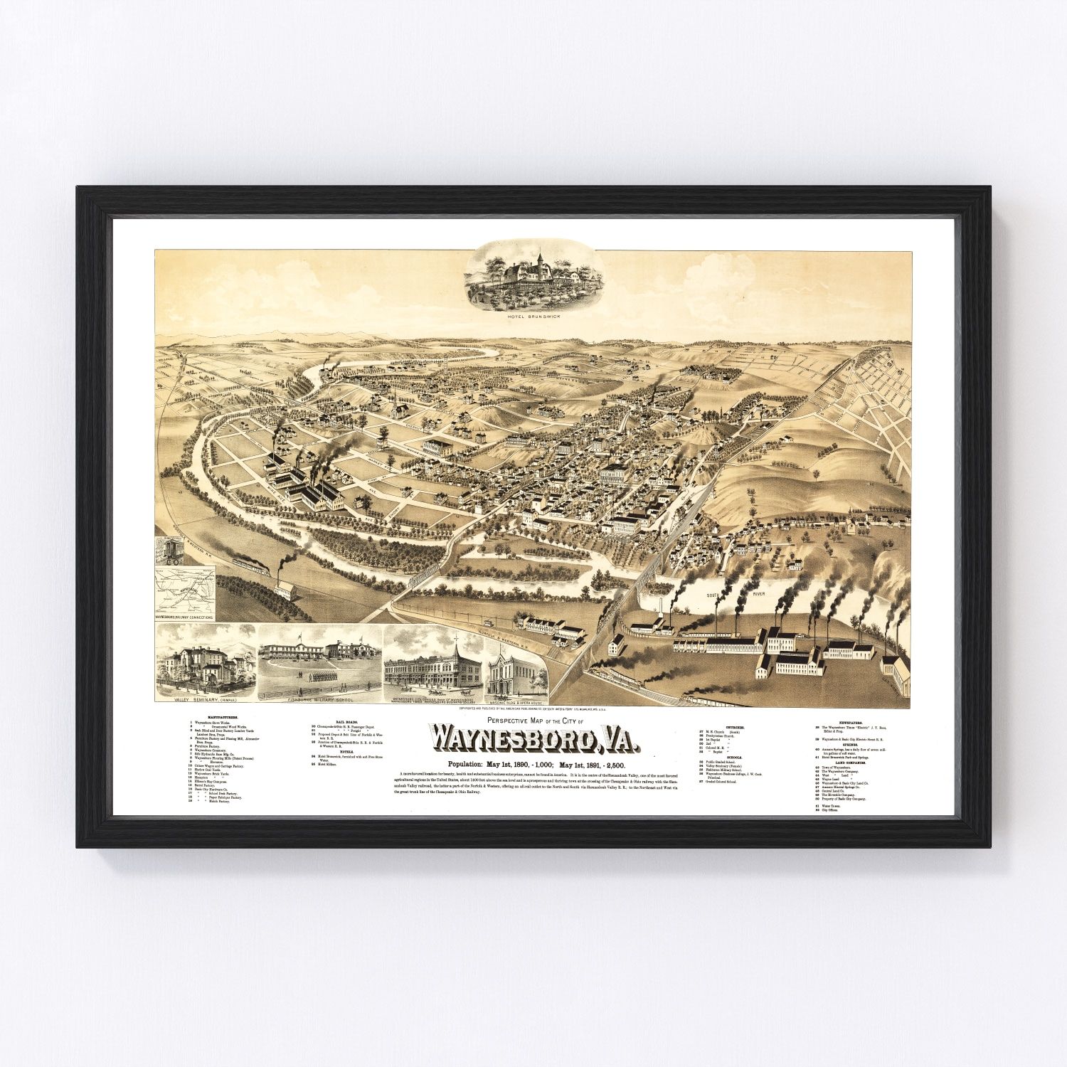 Vintage map of Waynesboro, Virginia 1891, Augusta County Shenandoah Valley