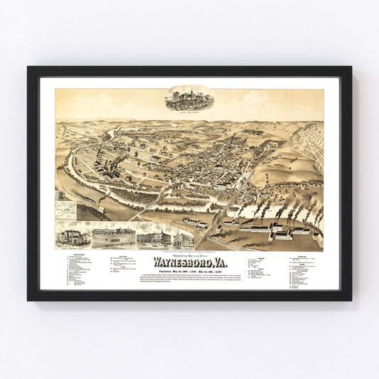 Vintage map of Waynesboro, Virginia 1891, Augusta County Shenandoah Valley