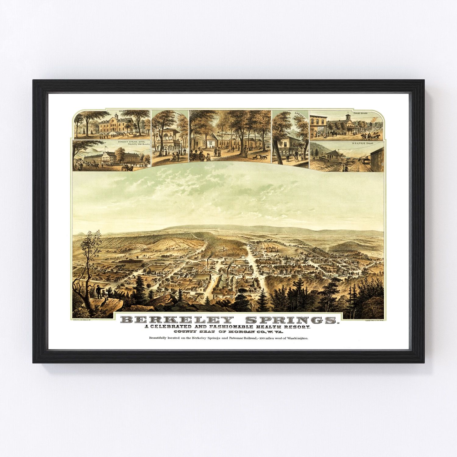 Vintage map of Berkeley Springs, Morgan County, Virginia, 1889, restored print