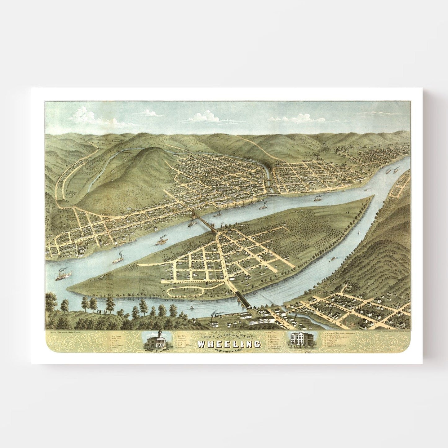 Vintage Map of Wheeling, West Virginia, 1870