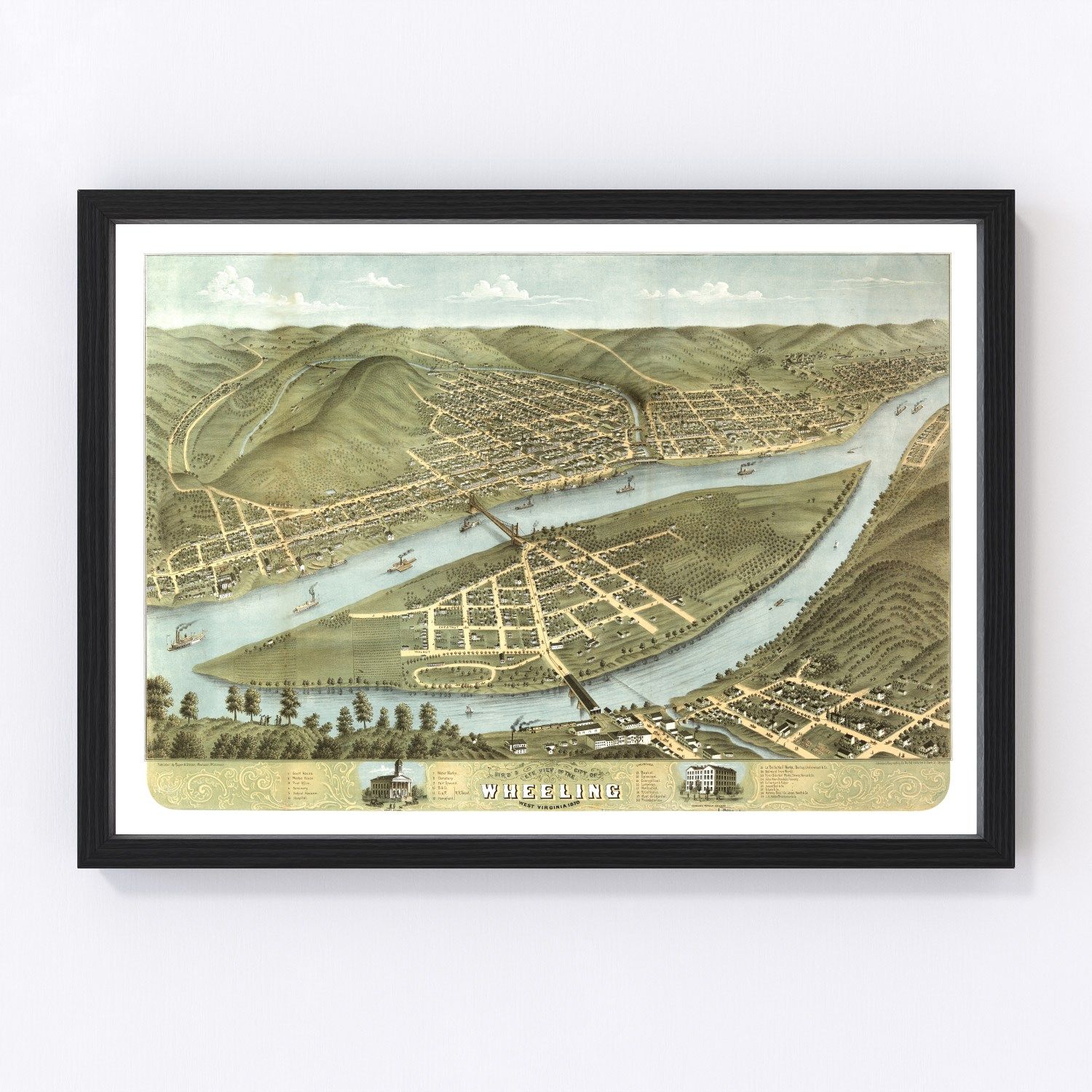 Vintage map of Wheeling, West Virginia, 1870, Ohio River industrial city