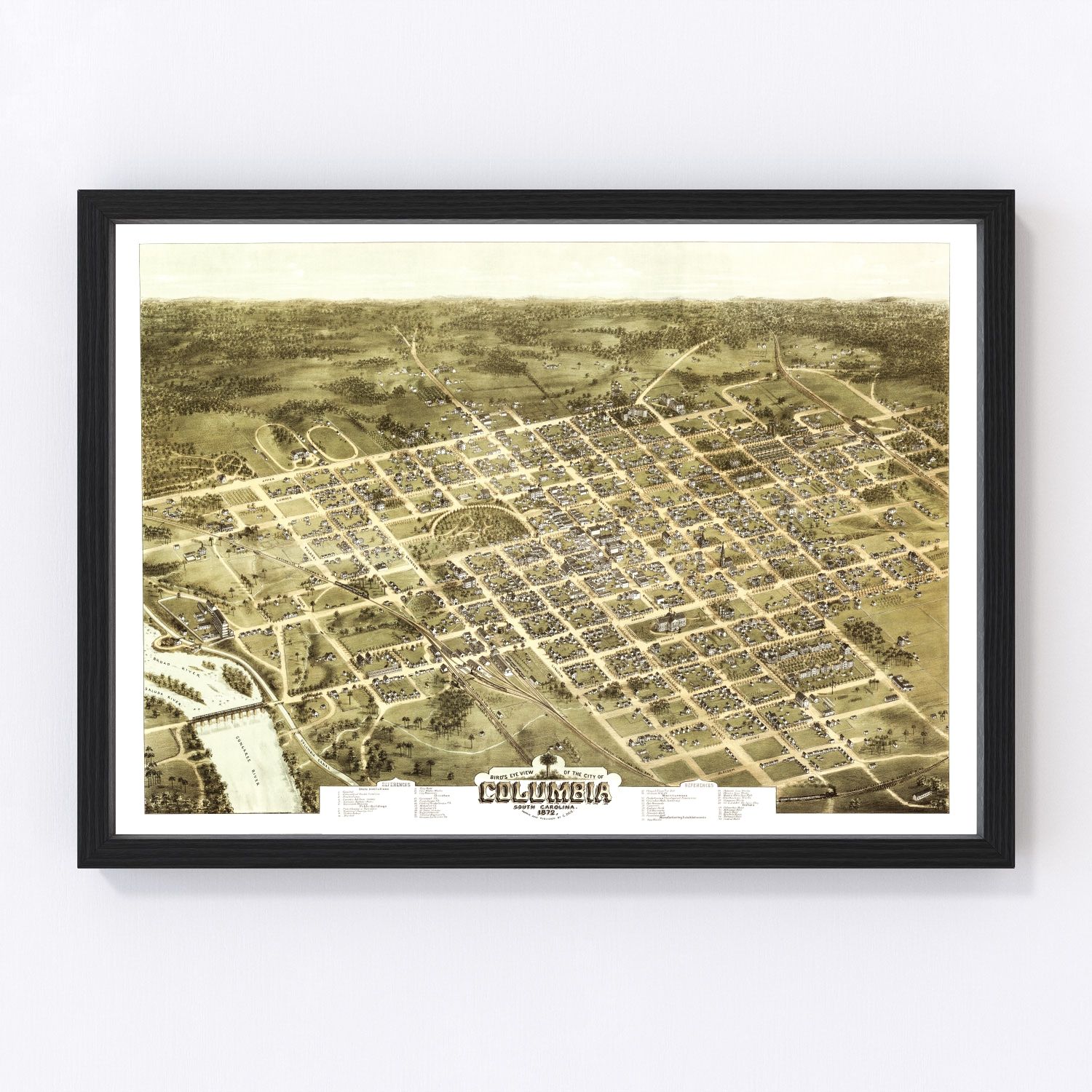 Vintage restored map of Columbia, South Carolina, 1872, Reconstruction-era capital