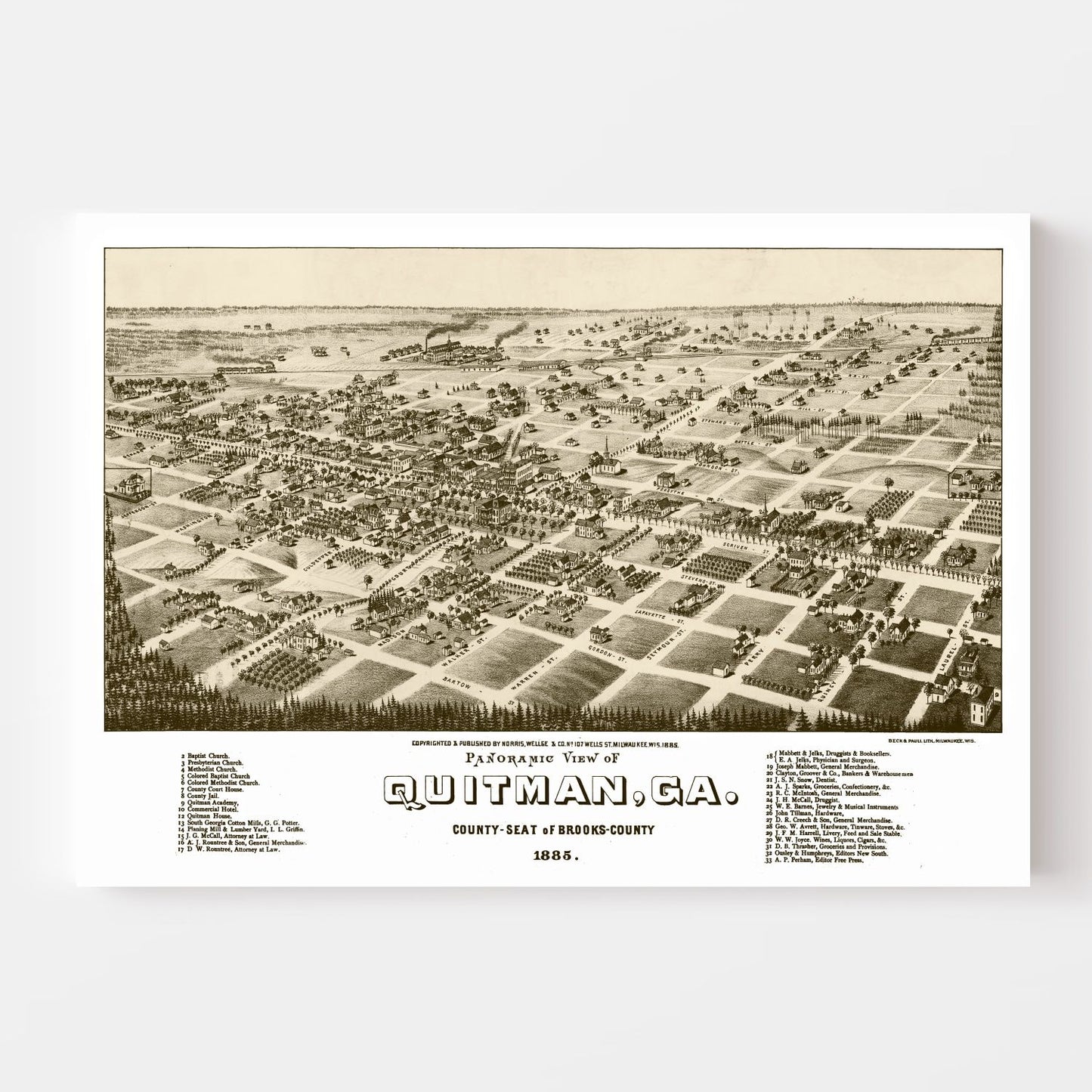 Vintage Map of Quitman, Brooks County, Georgia, 1885