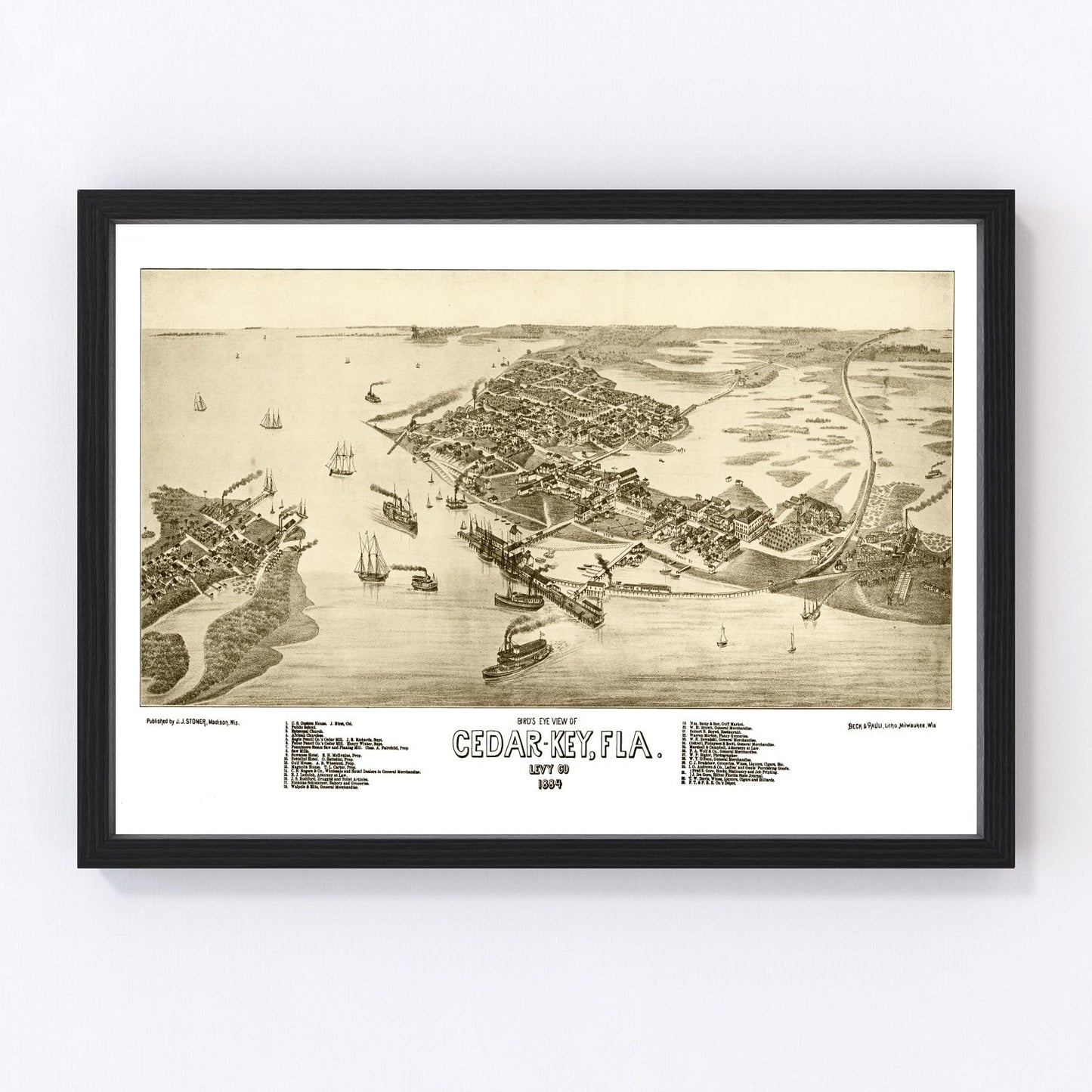 Vintage coastal map of Cedar Key, Florida, 1884, Gulf Coast island, restored print
