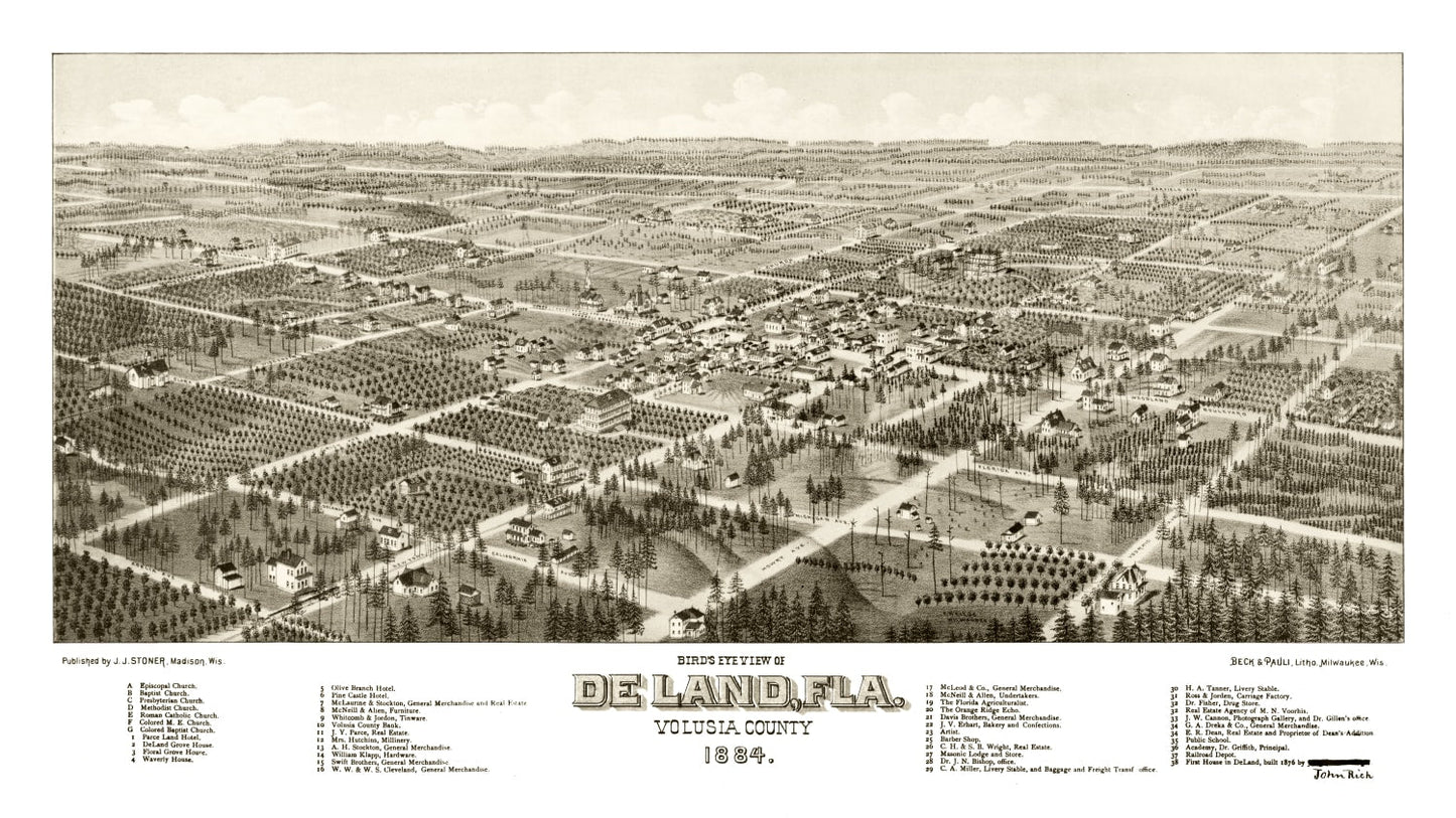 Vintage Map of De Land, Florida, 1884