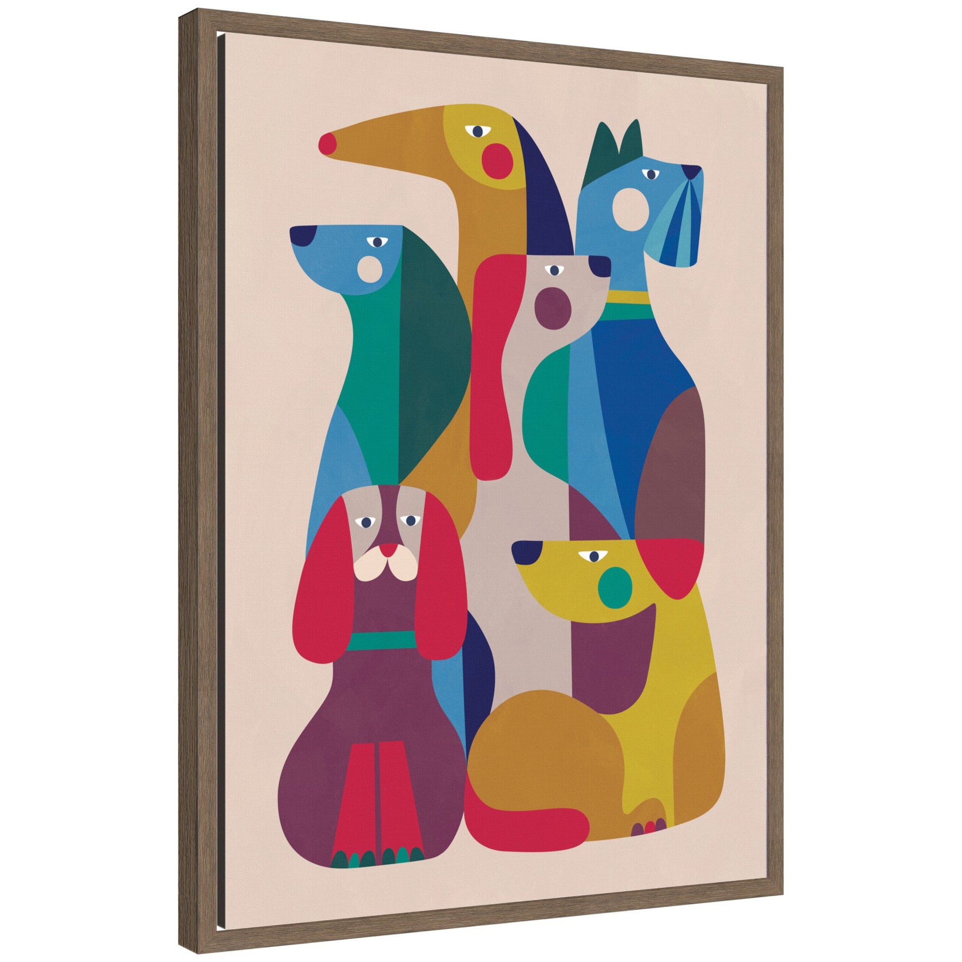 Retro modern abstract dogs framed canvas wall art