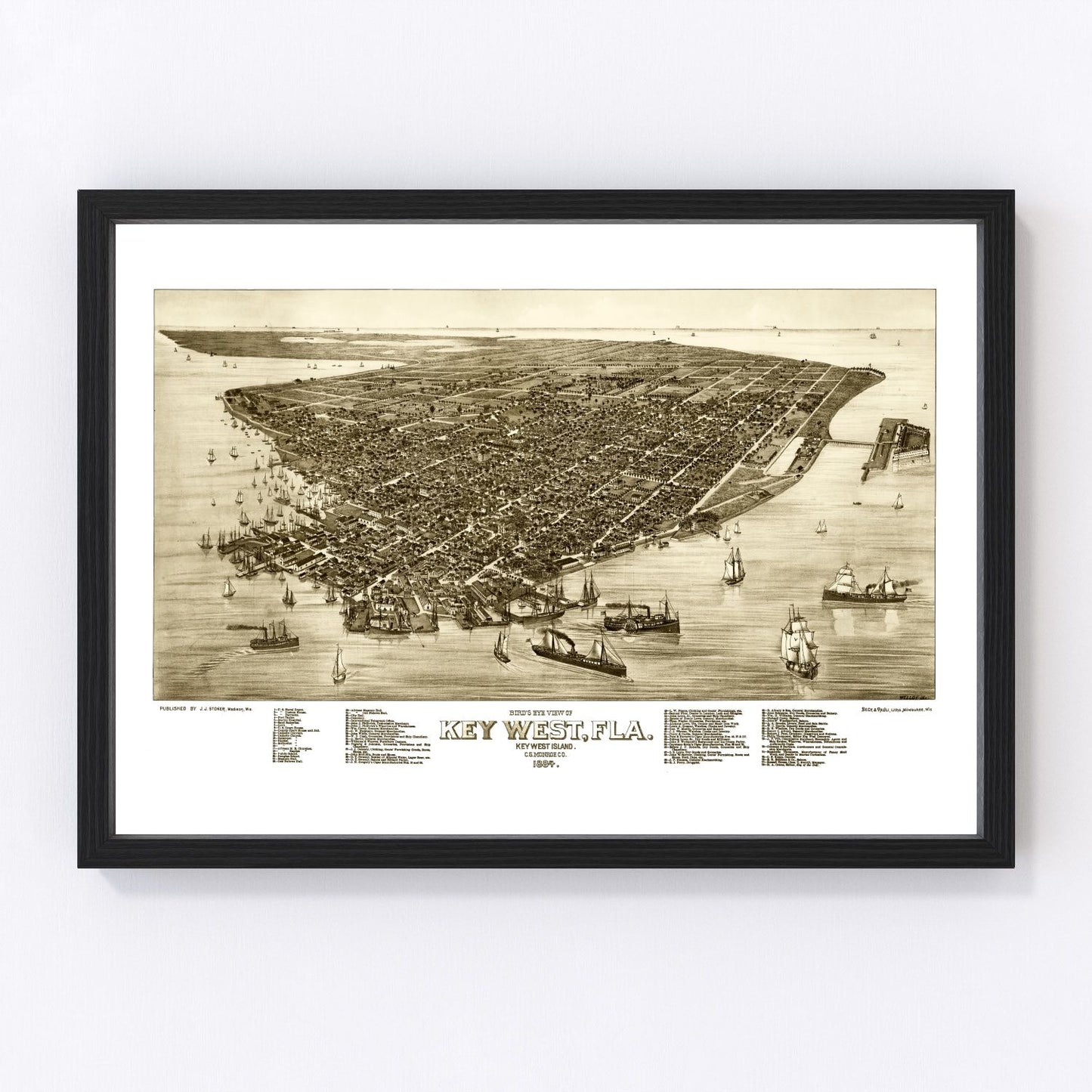 vintage map of Key West, Florida, island city coastline, 1884
