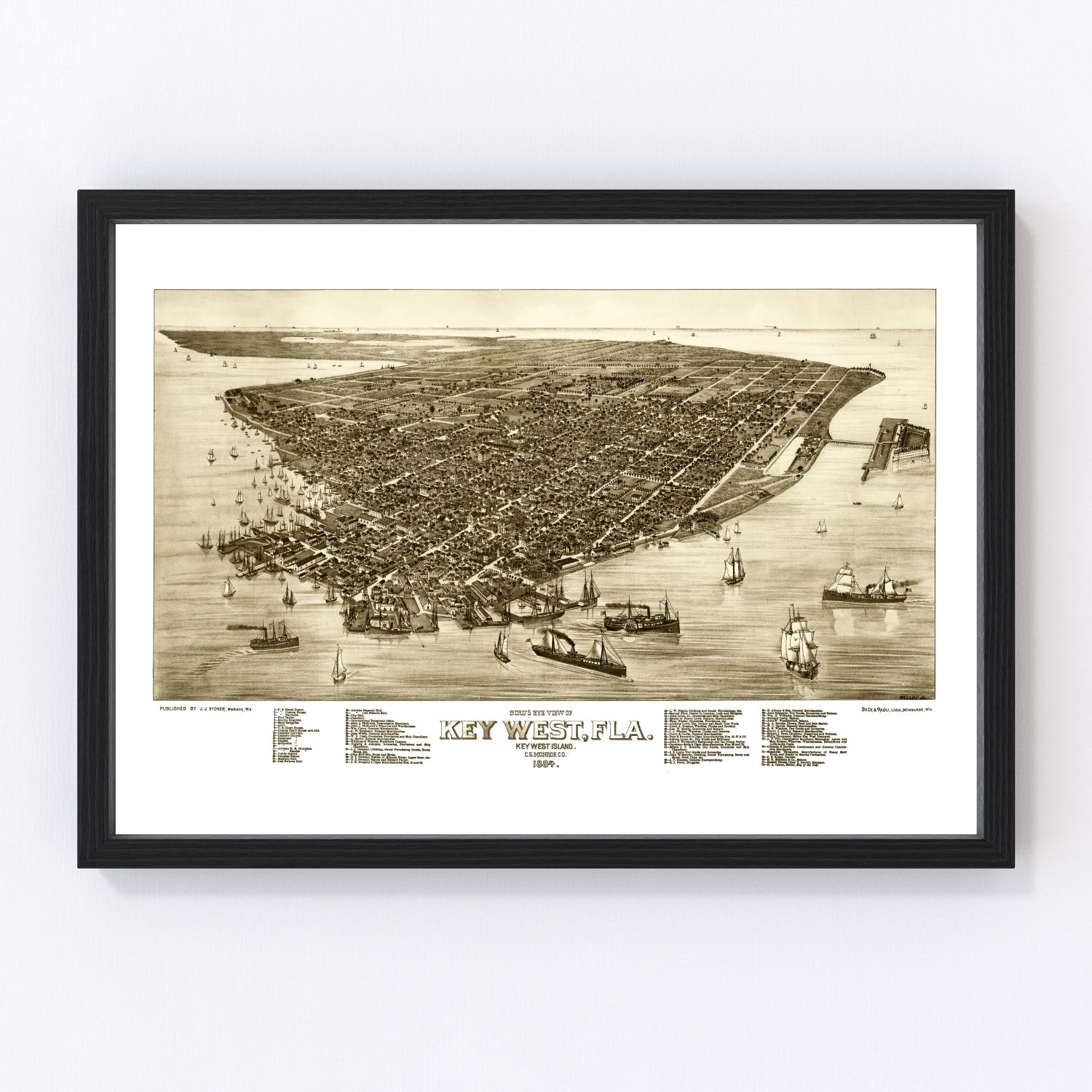 vintage map of Key West, Florida, island city coastline, 1884