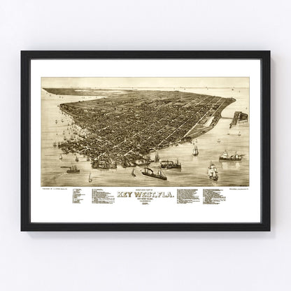 vintage map of Key West, Florida, island city coastline, 1884