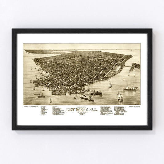 vintage map of Key West, Florida, island city coastline, 1884