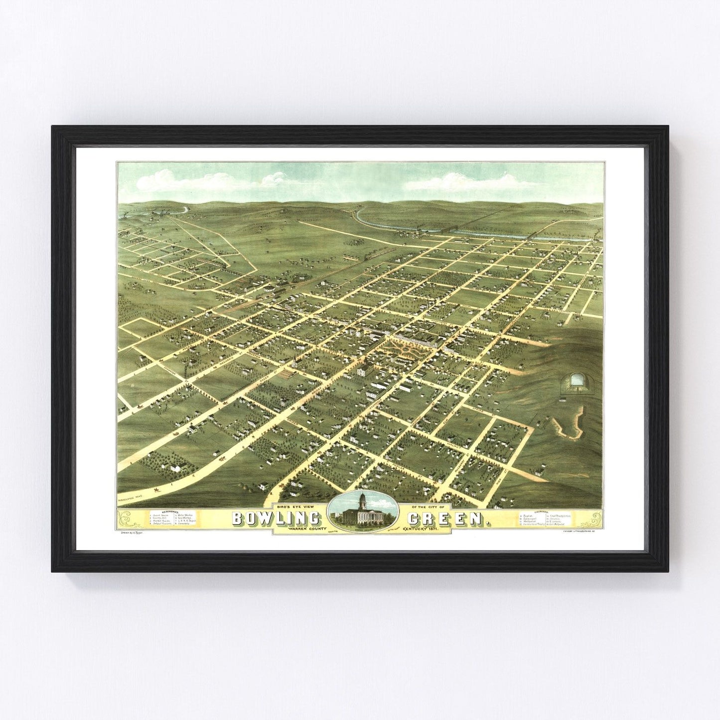 vintage map of Bowling Green Kentucky, 1871, restored print wall art