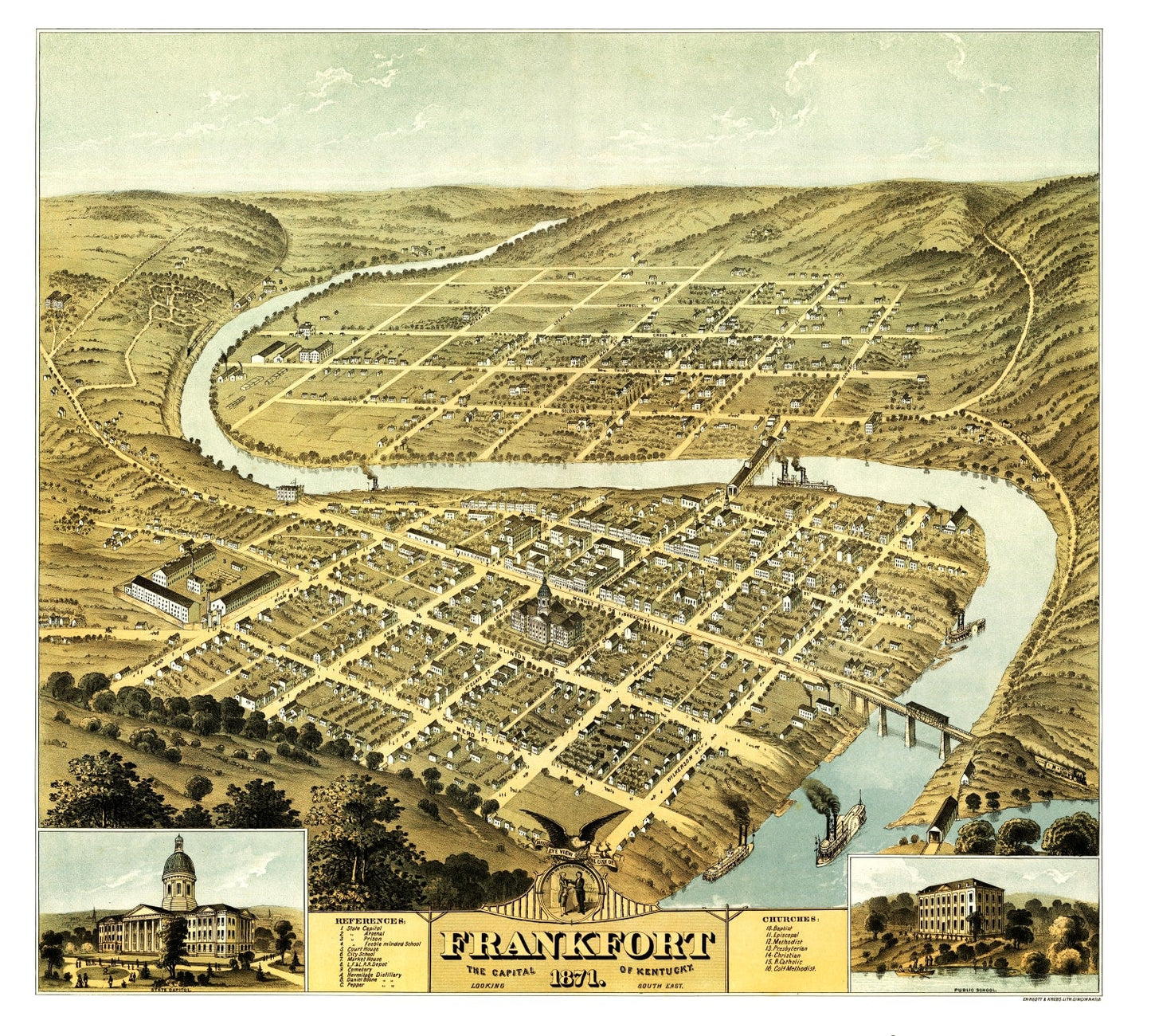Vintage Map of Frankfort, Kentucky, 1871