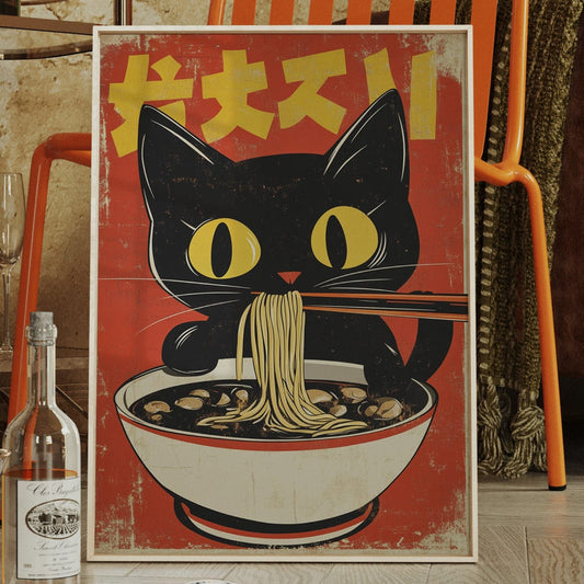 Retro Japanese-inspired ramen cat wall art print