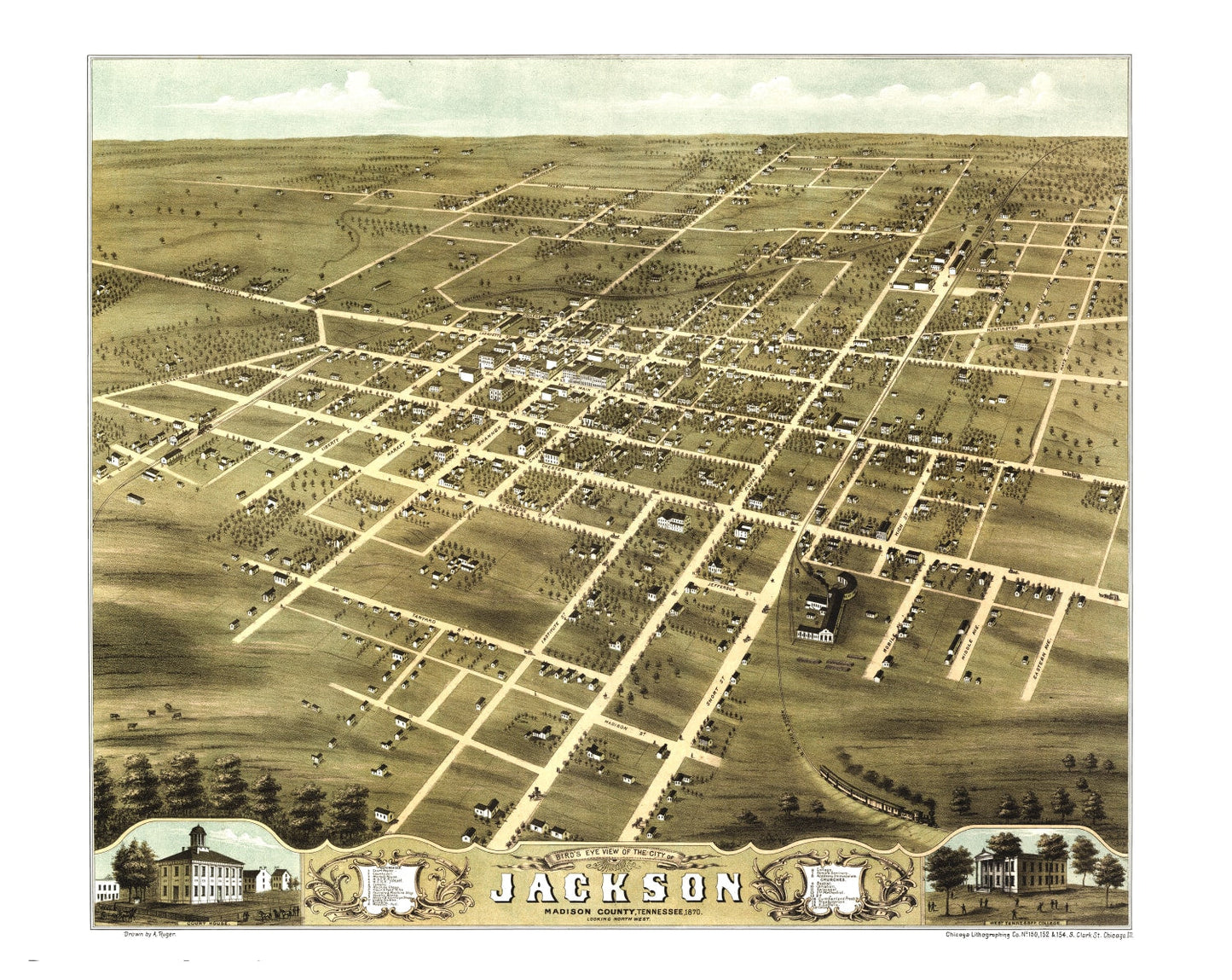 Vintage Map of Jackson, Madison County, Tennessee, 1870