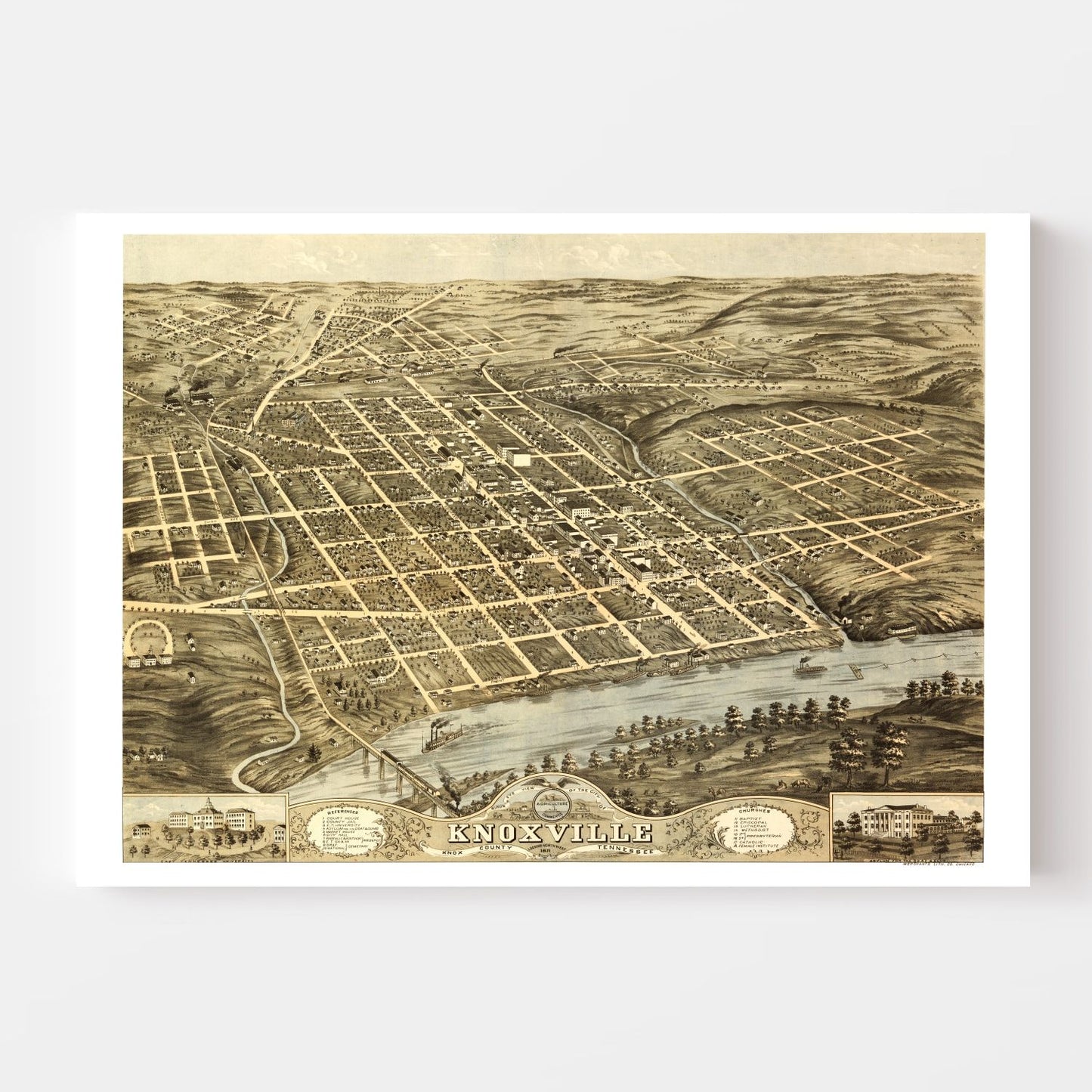 Vintage Map of Knoxville, Knox County, Tennessee, 1871