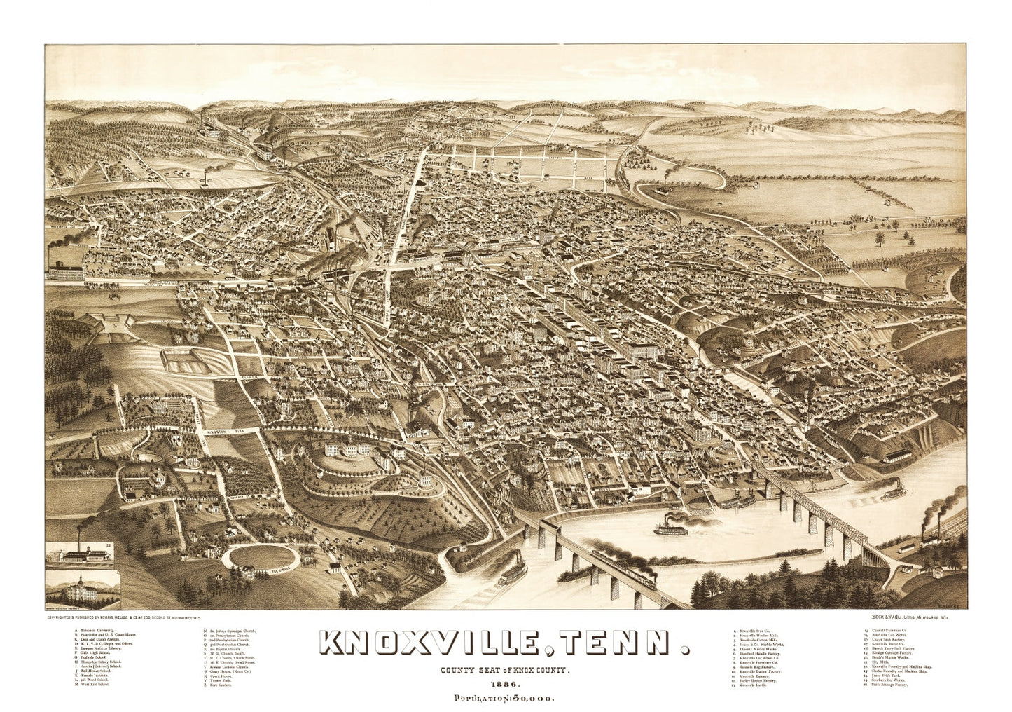 Vintage Map of Knoxville, Tennessee, 1886