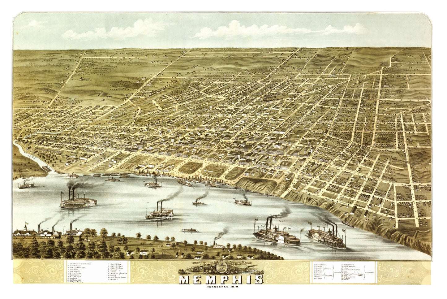 Vintage Map of Memphis, Tennessee, 1870